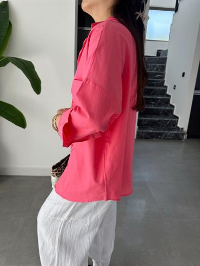 Pembe Flamlı Keten Tek Cep Oversize Gömlek