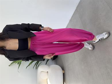 Fuşya Likralı Kemerli Şalvar Pantolon