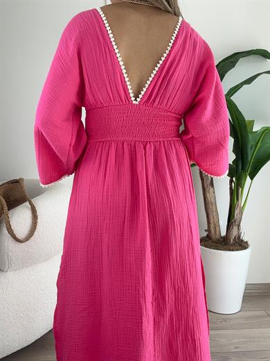 Fuşya Nakışlı V Yaka Elbise