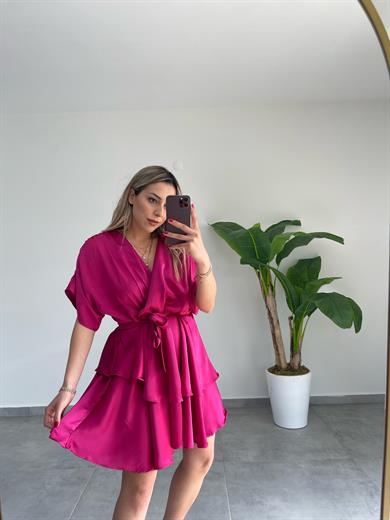 Fuşya Saten Fırfırlı Elbise
