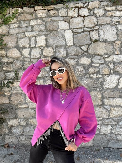 Fuşya Taşlı Sweathsirt
