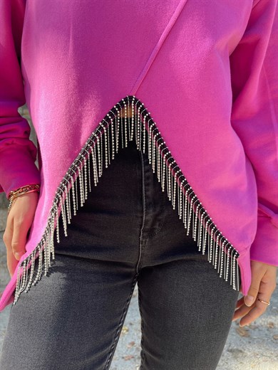 Fuşya Taşlı Sweathsirt