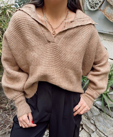 Geniş Yaka Camel Triko Kazak