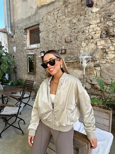 Gold Büzgülü Parlak Bomber Ceket