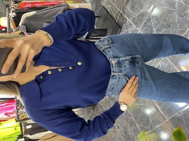 Gold Düğmeli Saks Mavisi Triko