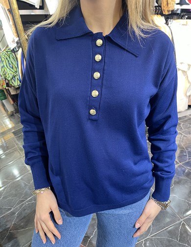 Gold Düğmeli Saks Mavisi Triko