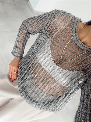 Gri Bisiklet Yaka Ajurlu Transparan Kazak