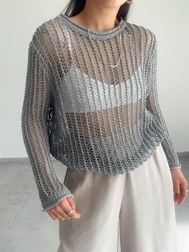 Gri Bisiklet Yaka Ajurlu Transparan Kazak