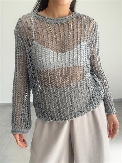 Gri Bisiklet Yaka Ajurlu Transparan Kazak