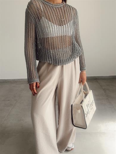 Gri Bisiklet Yaka Ajurlu Transparan Kazak