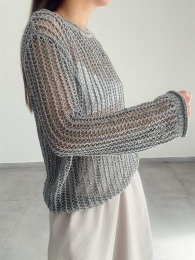 Gri Bisiklet Yaka Ajurlu Transparan Kazak