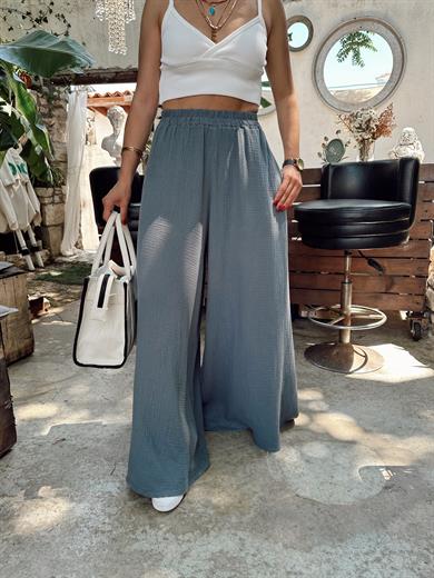 Gri Bol Paça Müslin Pantolon