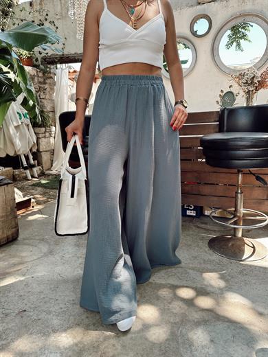 Gri Bol Paça Müslin Pantolon