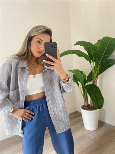 Gri Dikiş Detaylı Oversize Gömlek