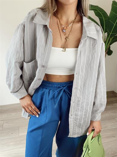 Gri Dikiş Detaylı Oversize Gömlek