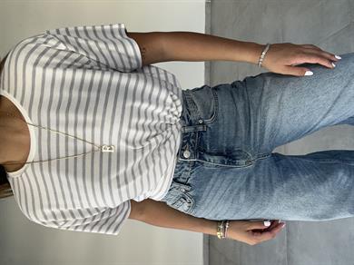 Gri-Ekru Çizgili Tişört