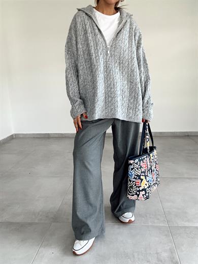 Gri Fermuarlı Triko Kazak