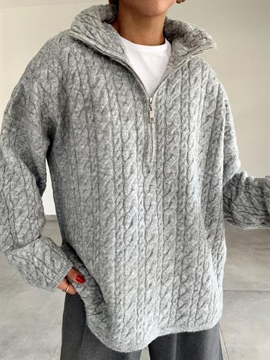 Gri Fermuarlı Triko Kazak