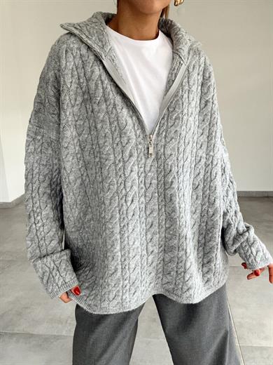 Gri Fermuarlı Triko Kazak