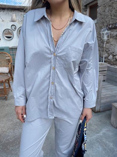 Gri Gold Düğmeli Oversize Gömlek