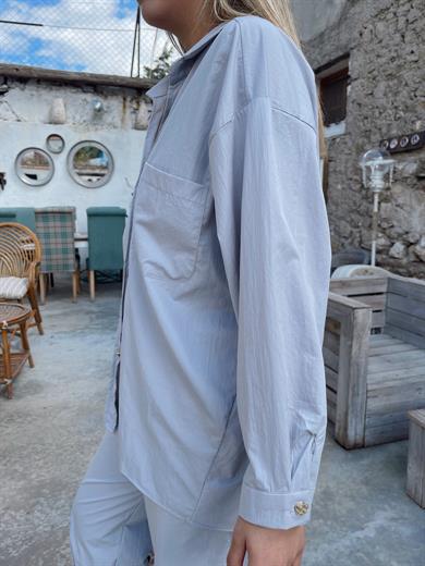 Gri Gold Düğmeli Oversize Gömlek