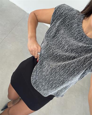 Gri Gümüş Taşlı Vatkalı Bluz