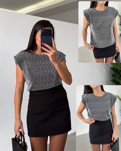 Gri Gümüş Taşlı Vatkalı Bluz