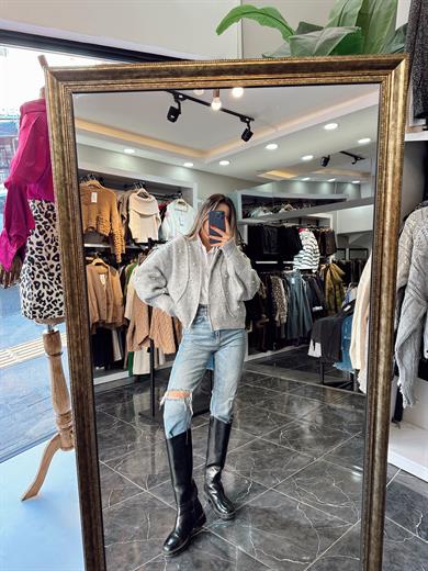 Gri İncili Triko Hırka