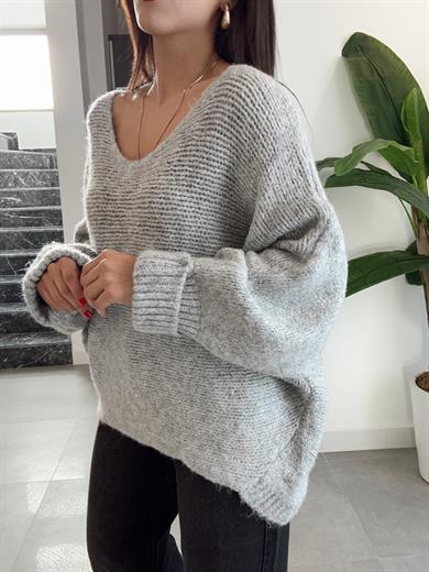 Gri Kolları Katlamalı Triko Kazak