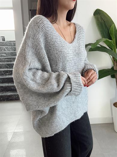 Gri Kolları Katlamalı Triko Kazak