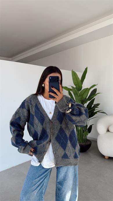 Gri-Lacivert Baklava Desenli Triko Hırka