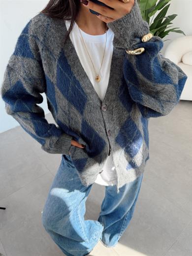 Gri-Lacivert Baklava Desenli Triko Hırka