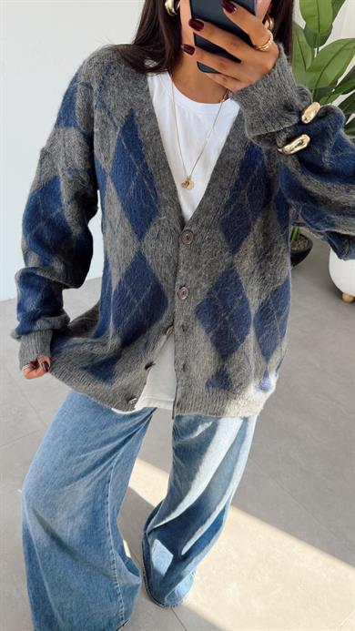 Gri-Lacivert Baklava Desenli Triko Hırka