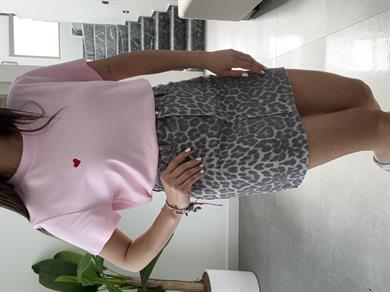Gri Leopar Desen Gabardin Etek