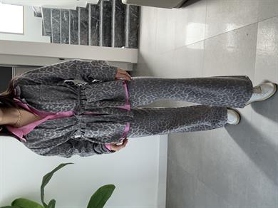 Gri Leopar Desen Gabardin Kuşaklı Ceket