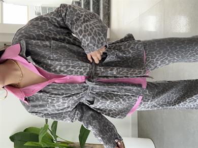 Gri Leopar Desen Gabardin Kuşaklı Ceket