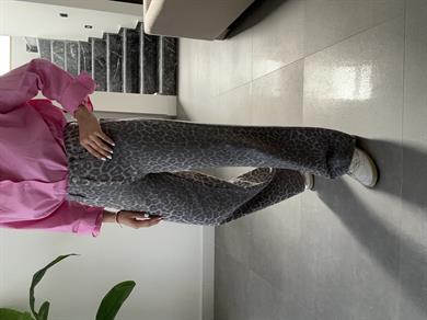 Gri Leopar Desen Gabardin Pantolon