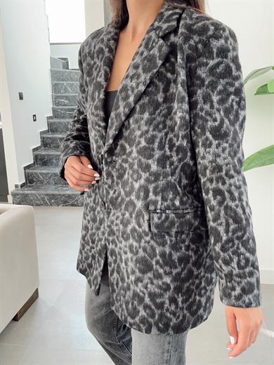 Gri Leopar Kaşe Ceket