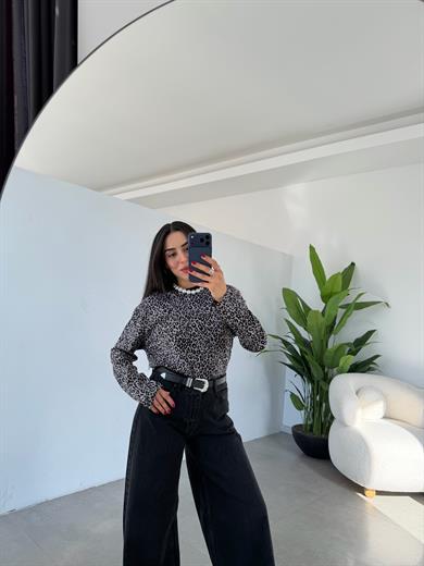 Gri Leopar Uzun Kol Tişört