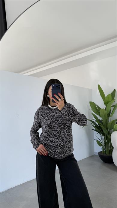 Gri Leopar Uzun Kol Tişört