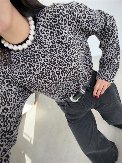 Gri Leopar Uzun Kol Tişört