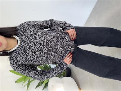 Gri Leopar Uzun Kol Tişört