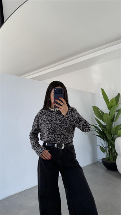 Gri Leopar Uzun Kol Tişört