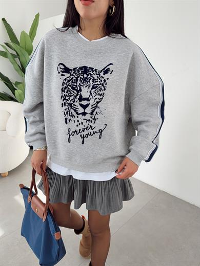 Gri Melanj Kendinden Tişörtlü Desenli Sweat