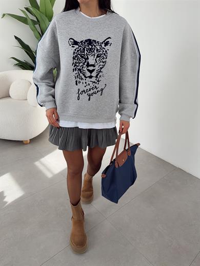 Gri Melanj Kendinden Tişörtlü Desenli Sweat