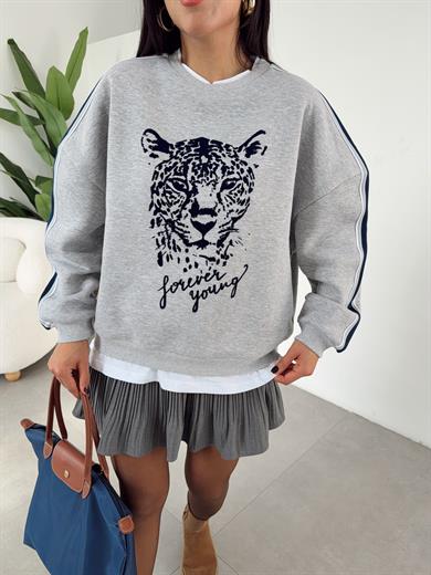 Gri Melanj Kendinden Tişörtlü Desenli Sweat