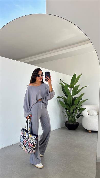 Gri Modal Geniş Yaka Bluz Pantolon Takım