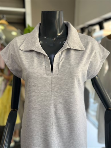 Gri Modal Polo Yaka Çimalı Elbise