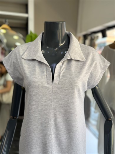 Gri Modal Polo Yaka Çimalı Elbise
