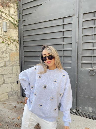 Gri Nazar Boncuklu Sweathsirt